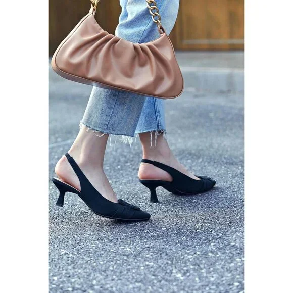 Women's Navy Blue Sling Back Kitten Heel Pointed Closed Toe Comfortable Sandal - Picture 3 of 6